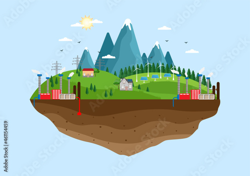 Ecological Sustainable Energy Supply Background Vector Flat Illustration Power Plant Station Buildings With Solar Panels, Gas, Geothermal, Renewable, Water and Wind Turbines