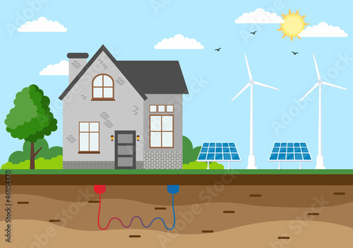 Ecological Sustainable Energy Supply Background Vector Flat Illustration Power Plant Station Buildings With Solar Panels, Gas, Geothermal, Renewable, Water and Wind Turbines