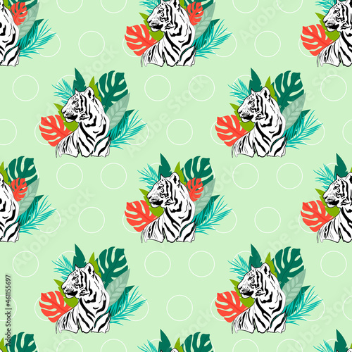 Black and white tigers and palm leaves pattern. Vector illustration. For packaging  prints  fabric and wallpaper printing  covers  brochures and other decor.