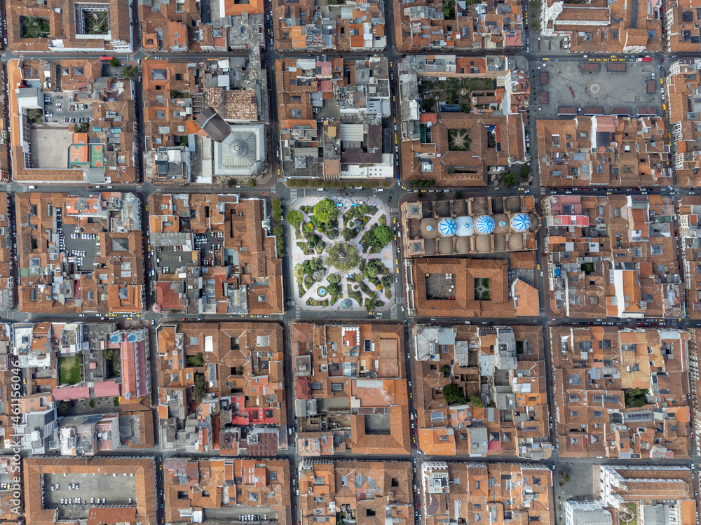 Birdview from grid pattern UNESCO heritage city center - Cuenca, Equador