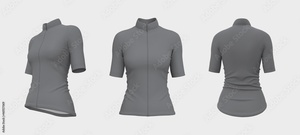 Women’s cycling jersey mockup in front, side and back, 3d rendering, 3d illustration Women’s cycling jersey mockup in front, side and back, 3d rendering, 3d illustration