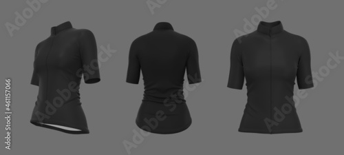 Women’s cycling jersey mockup in front, side and back, 3d rendering, 3d illustration
