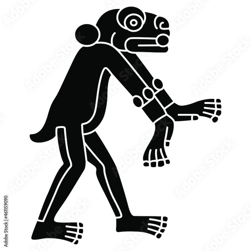 Fantastic animal. Native American animal design of Aztec Indians from Mexican codex. Jaguar or monkey. Black and white negative silhouette.