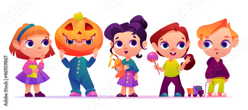 Set of preschoolers children characters. A girls and boys of primary school age in different poses with a books and with toys in his hands. Funny cartoon characters. Vector illustration.