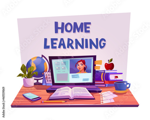 Online education concept. Laptop with open text document next to stacked books, globe, open book, writing paper. Video conference via laptop. lettering 