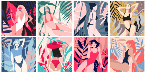 Set of modern cards with pretty girls in swimwear with tropical leaves on the background. Pose. Flat illustrtation. Template for a postcard, poster, banner, t-shirt print.