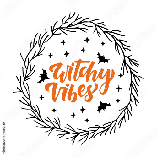 Halloween сelebration lettering typography poster. Witchy vibes hand lettering with bat and star. Template for greeting card, invitation, banner, postcard. Vector illustration on white background.