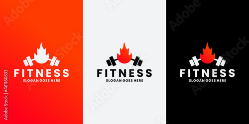 Gym logo design. fitness barbell combine with fire logo template