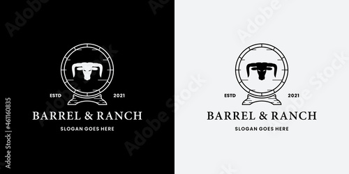 vintage barrel ranch logo design with longhorn buffalo, cow logo .