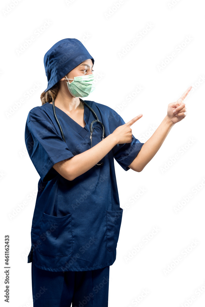 Asian female nurse with face mask and stethoscope pointing something Asian female nurse with face mask and stethoscope pointing something