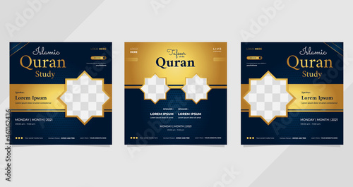 Set of social media post templates on luxury dark blue and gold background. Perfect for Islamic webinars, Quran studies, Muslim education, Religious events and other online seminars