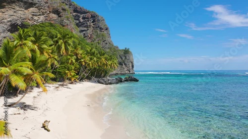 Beach Fronton Samana Dominican Republic landscape. Hot summer on the palm beach background. The white sand on the Caribbean Sea beach landscape.