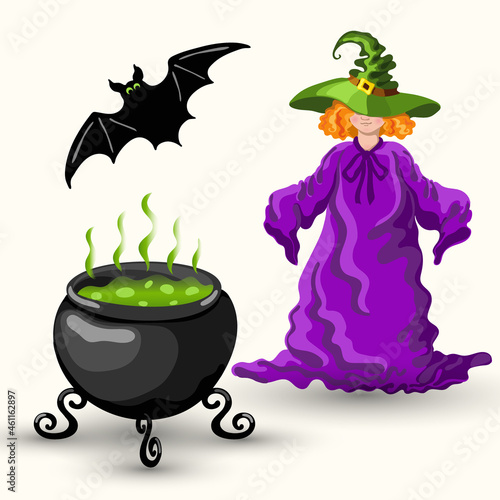 Young witch and cauldron with boiling poison