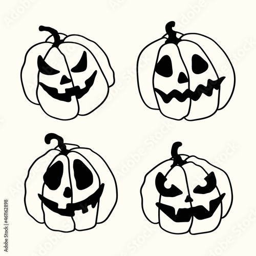 Halloween cartoon outline spooky face pumpkins set