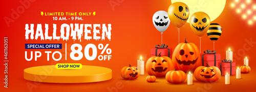 Halloween Sale Promotion Poster or banner with Halloween Pumpkin and Ghost Balloons.Scary air balloons with Product podium scene.Website spooky,Background or banner Halloween template.
