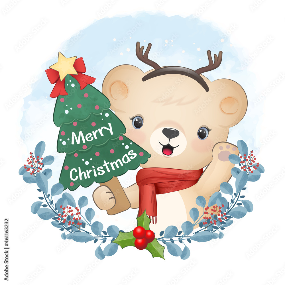 Cute little bear with Christmas tree and wreath. Christmas season illustration. Cute little bear with Christmas tree and wreath. Christmas season illustration.