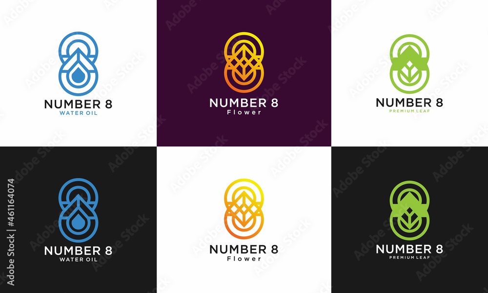 set of number 8 eight leaf ,water oil, flower logo icon design for company and business. Suitable for a logotype set of number 8 eight leaf ,water oil, flower logo icon design for company and business. Suitable for a logotype