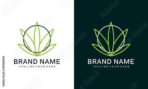 Marijuana leaf, cannabis vector linear icon design template on a white and dark green background.