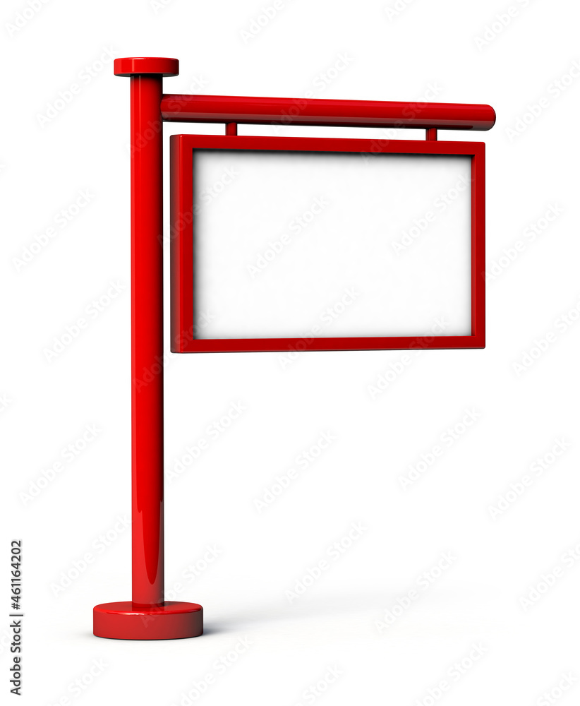 Red signboard with blank white sign mock up isolated on white. 3D illustration. Red signboard with blank white sign mock up isolated on white. 3D illustration.