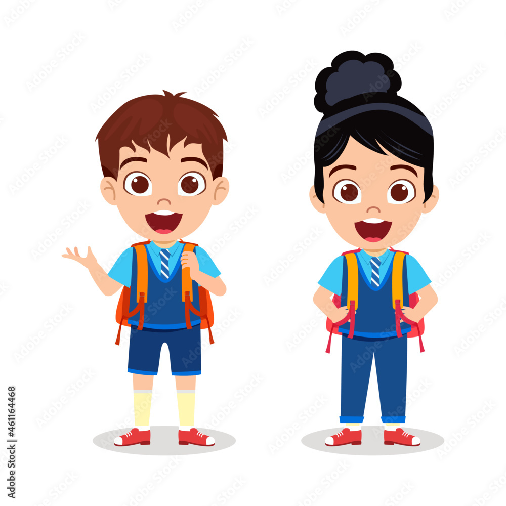 Happy cute beautiful kid boy and girl student character wearing uniform standing and posing waving ready to go school Happy cute beautiful kid boy and girl student character wearing uniform standing and posing waving ready to go school