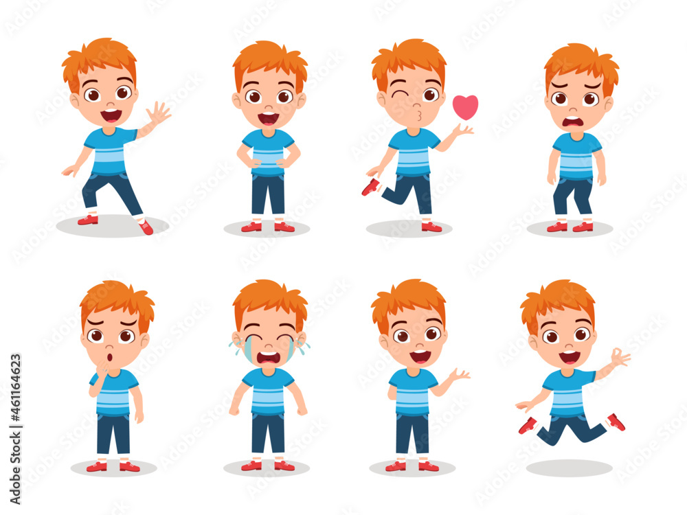 Cute beautiful kid boy character doing different actions waving posing with different facial expression and emotions angry cry happy cheerful isolated