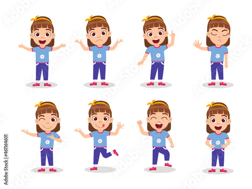 Cute beautiful kid girl character doing different actions waving posing with different facial expression and emotions angry cry happy cheerful isolated