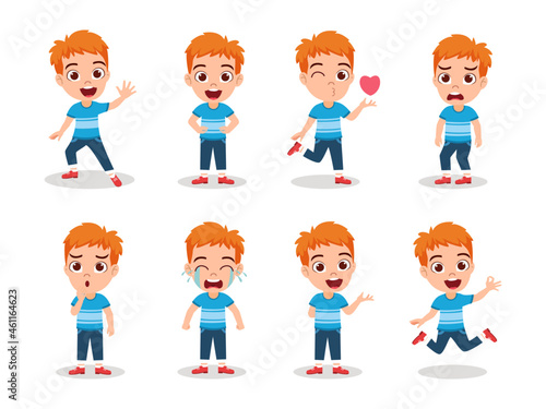 Cute beautiful kid boy character doing different actions waving posing with different facial expression and emotions angry cry happy cheerful isolated