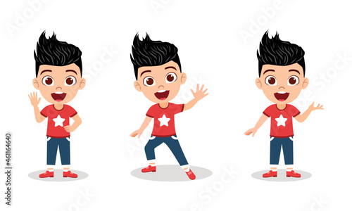 Cute beautiful kid boy character doing different actions waving posing with different facial expression and emotions cheerful isolated