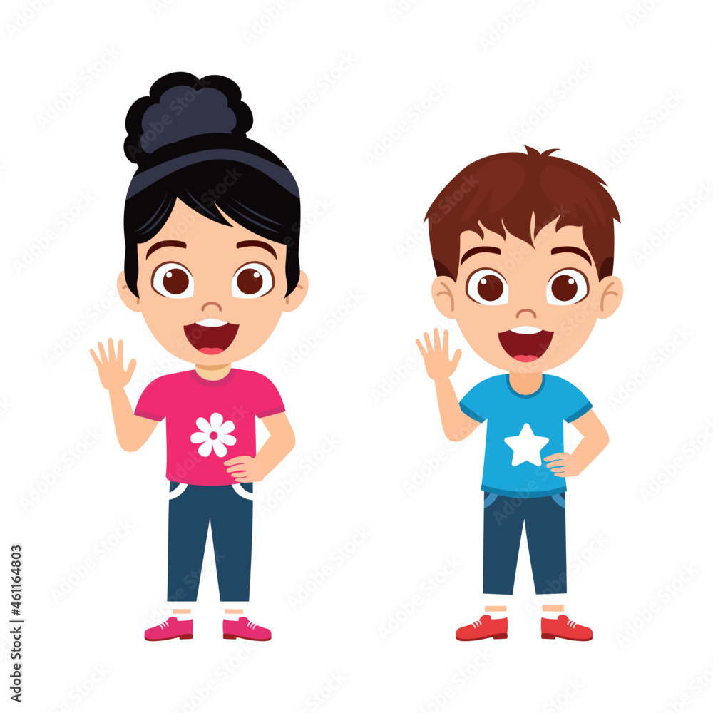 Happy cute beautiful kid boy and girl student character wearing beautiful outfit standing and posing waving isolated Happy cute beautiful kid boy and girl student character wearing beautiful outfit standing and posing waving isolated
