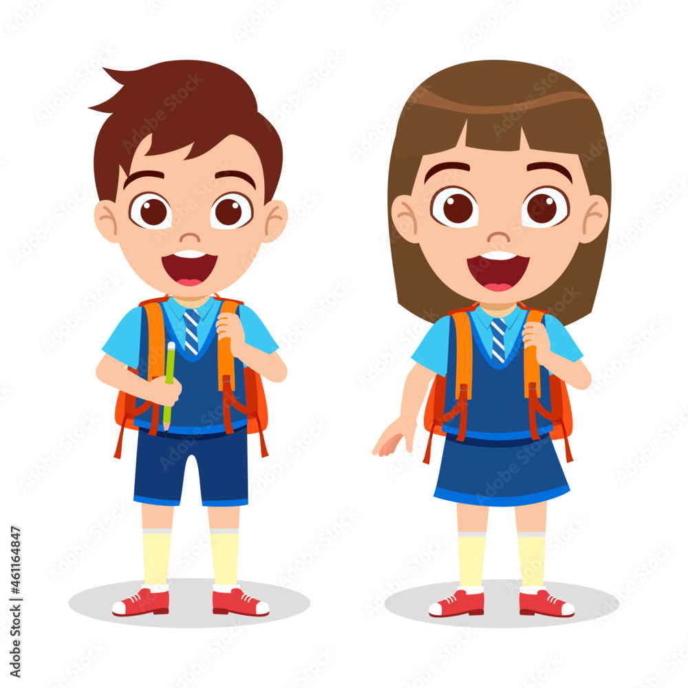 Happy cute beautiful kid boy and girl student character wearing uniform standing and posing holding pencil ready to go school Happy cute beautiful kid boy and girl student character wearing uniform standing and posing holding pencil ready to go school