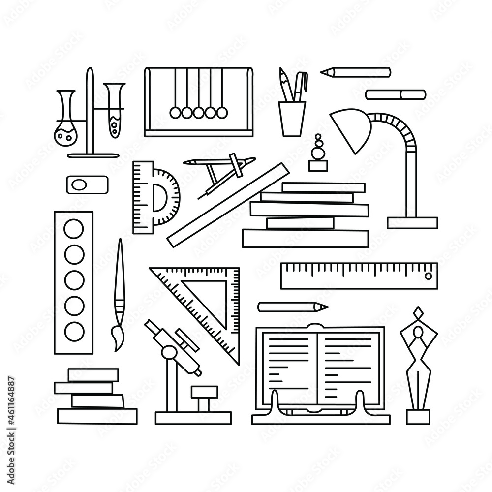 Fototapeta premium Hand drawn equipments for students, pupils. School, college. 