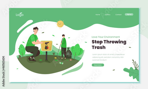 Stop throwing trash illustration on landing page concept