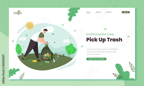 Picking up trash illustration on landing page template