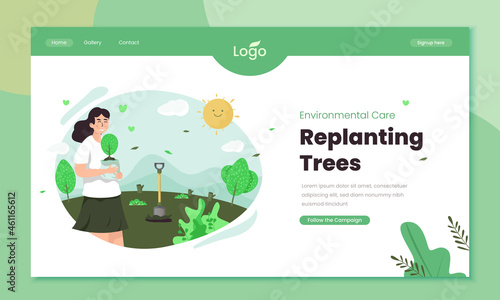 Environmental care with replanting trees illustration with homepage template