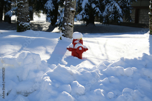 A red fire hydrant partially buried in snow