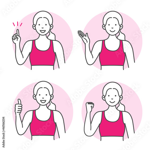 女性スポーツトレーナーのシンプルなイラスト　4ポーズセット