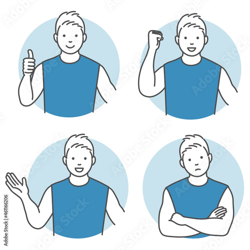 男性スポーツトレーナーのシンプルなイラスト　4ポーズセット