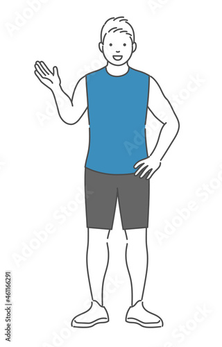 説明をする男性スポーツトレーナーのシンプルな全身イラスト