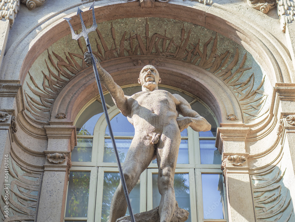 Neptune god of the sea holding a trident, 1906, statue at the entrance ...