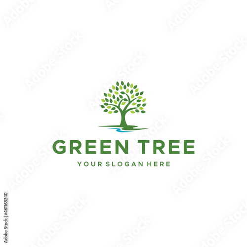 minimalist GREEN TREE leaves river logo design