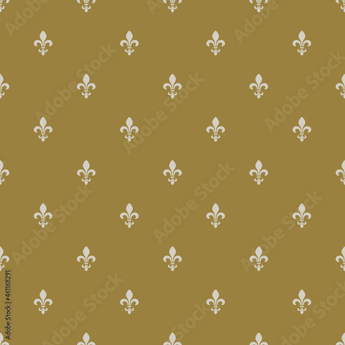 Seamless pattern with heraldic fleur de lis symbol. Small white silhouettes on gold background.