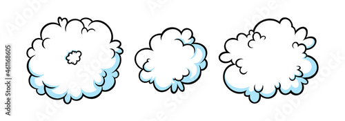 Steam ring and clouds in comic style. Set of round clouds of vapour or smoke. Vector illustration isolated in white background