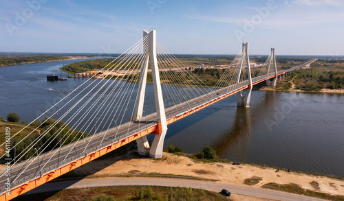 Aerial view of Murom cable bridge through Oka river, length of bridge about 1400 meters. Russia