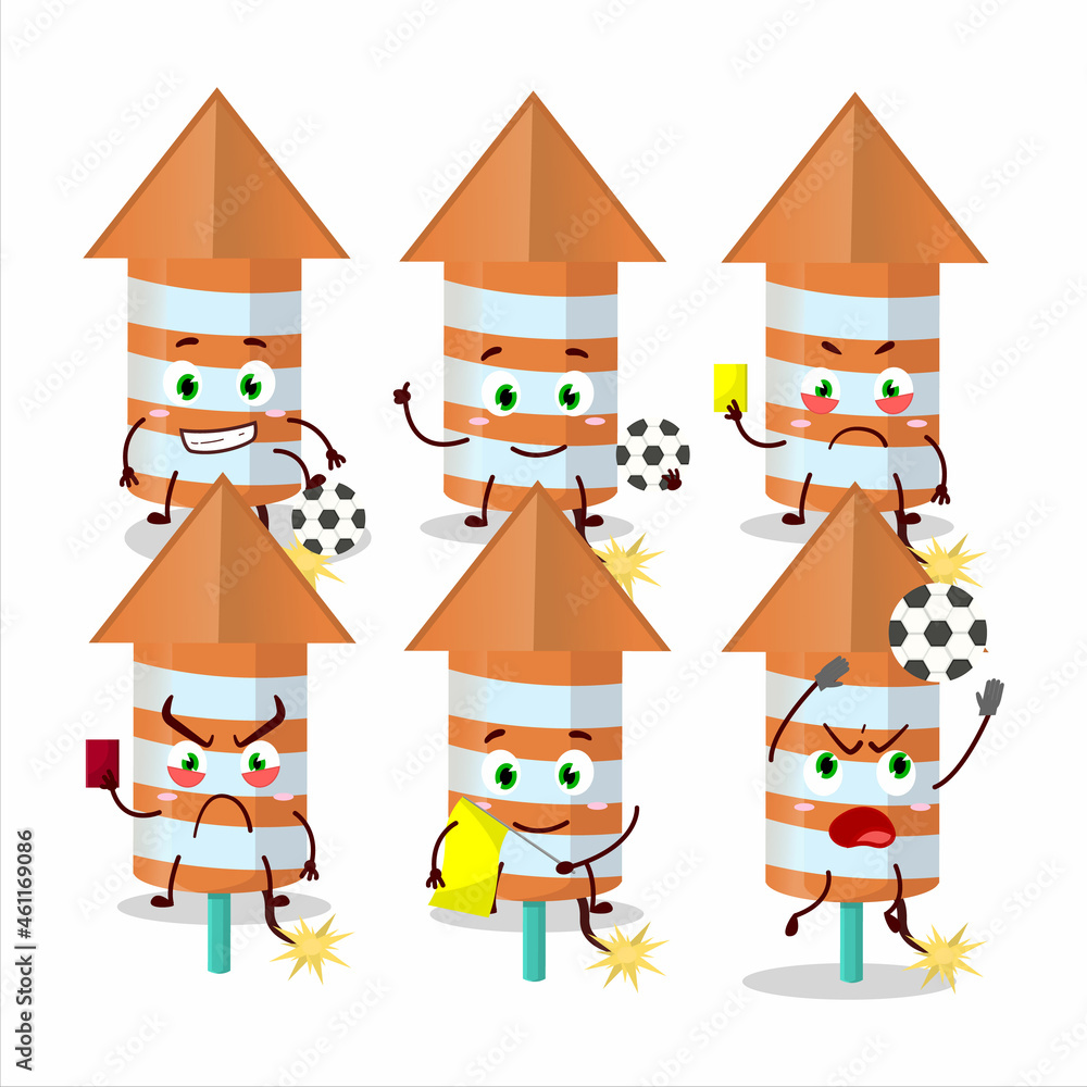 Obraz premium Rocket firework orange cartoon character working as a Football referee