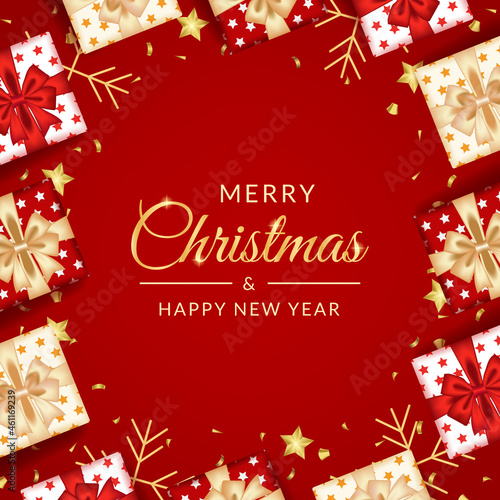 merry christmas and happy new year greeting card with realistic red decoration
