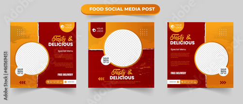 Cullinary tasty food menu in red and orange gradient brush background suitable for promotional social media post square web ads template