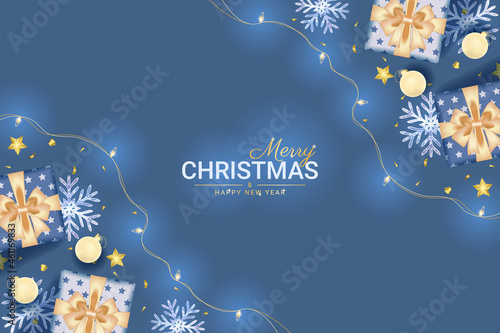 merry christmas and happy new year greeting card with realistic blue decoration
