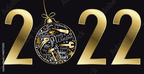 2022 mit Christbaumkugel in gold glänzend und mit Werkzeug Symbolen internationalen Weihnachtsgrüßen