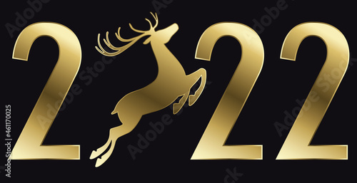 2022 mit Rentier gold, silhouette, metallisch glänzend, auf schwarzem Hintergrund