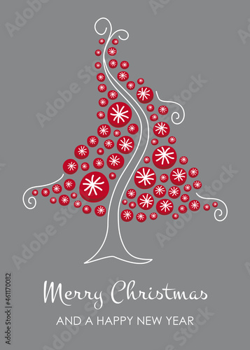 Christbaum Weihnachten rot weiß silber abstrakt aus Weihnachtskugeln mit Merry Christmas
